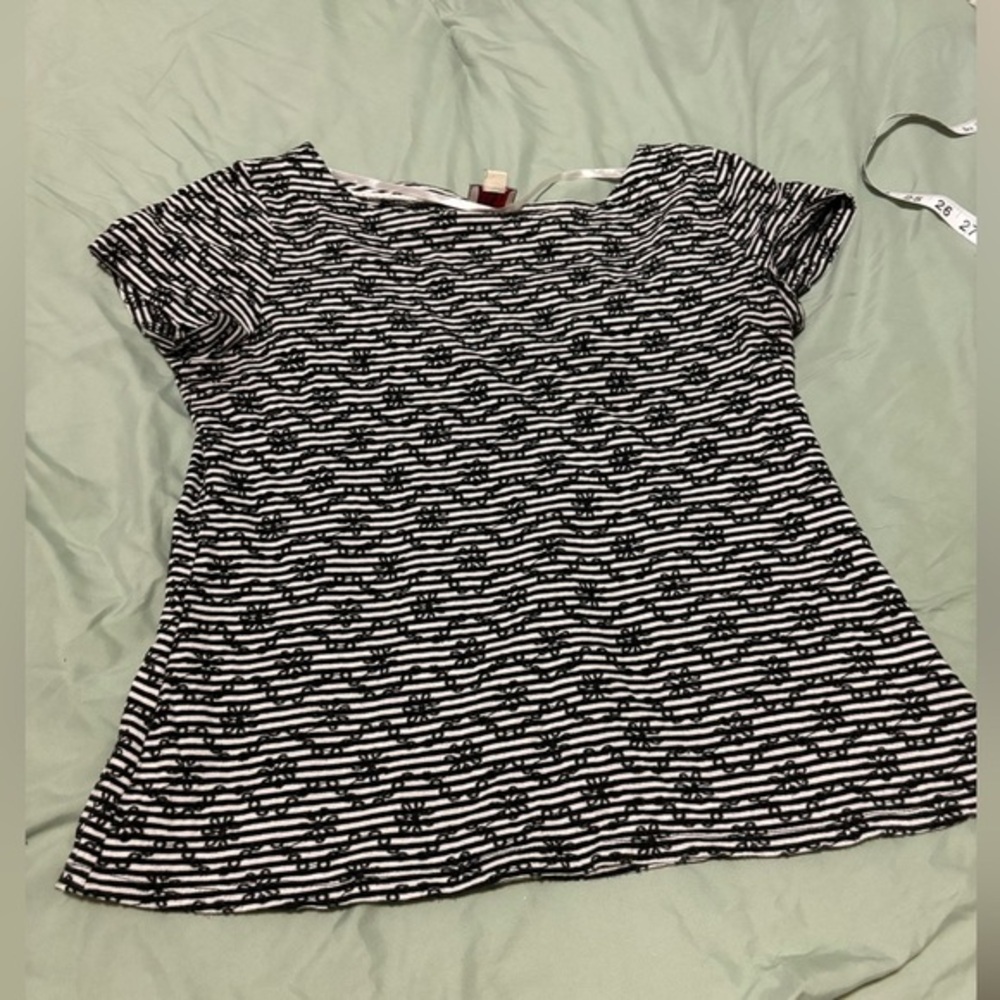 Postage stamp by Anthropologie black striped floral embroidered short sleeve top